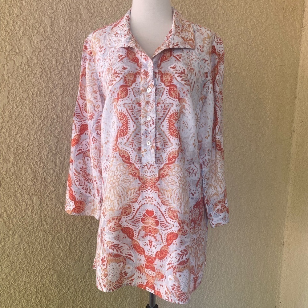 Chico’s  3/4 Sleeve Medallion Print Orange & Cream Tones Tunic Style Size 1/M‎